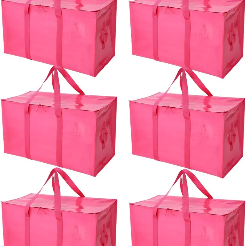 Summerwins 6-Pack Heavy-Duty Classic Large Collapsible Storage Bags, Durable Plastic Organizers with Handles, Zippers, Daily Use Zipper Pouches for Moving Supplies (Pink)
