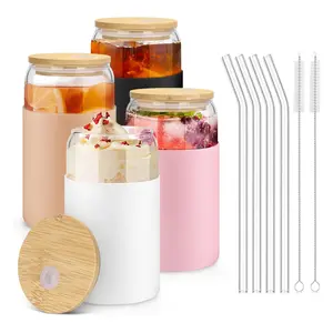 16oz Heatproof Crystal-Look Round Glass Tumbler Set (4 Pack) with Bamboo Lids, Silicone Sleeves, Washable Reusable Straws, Water Bottles, Kitchenware Drinkware for Ice Coffee, Tea