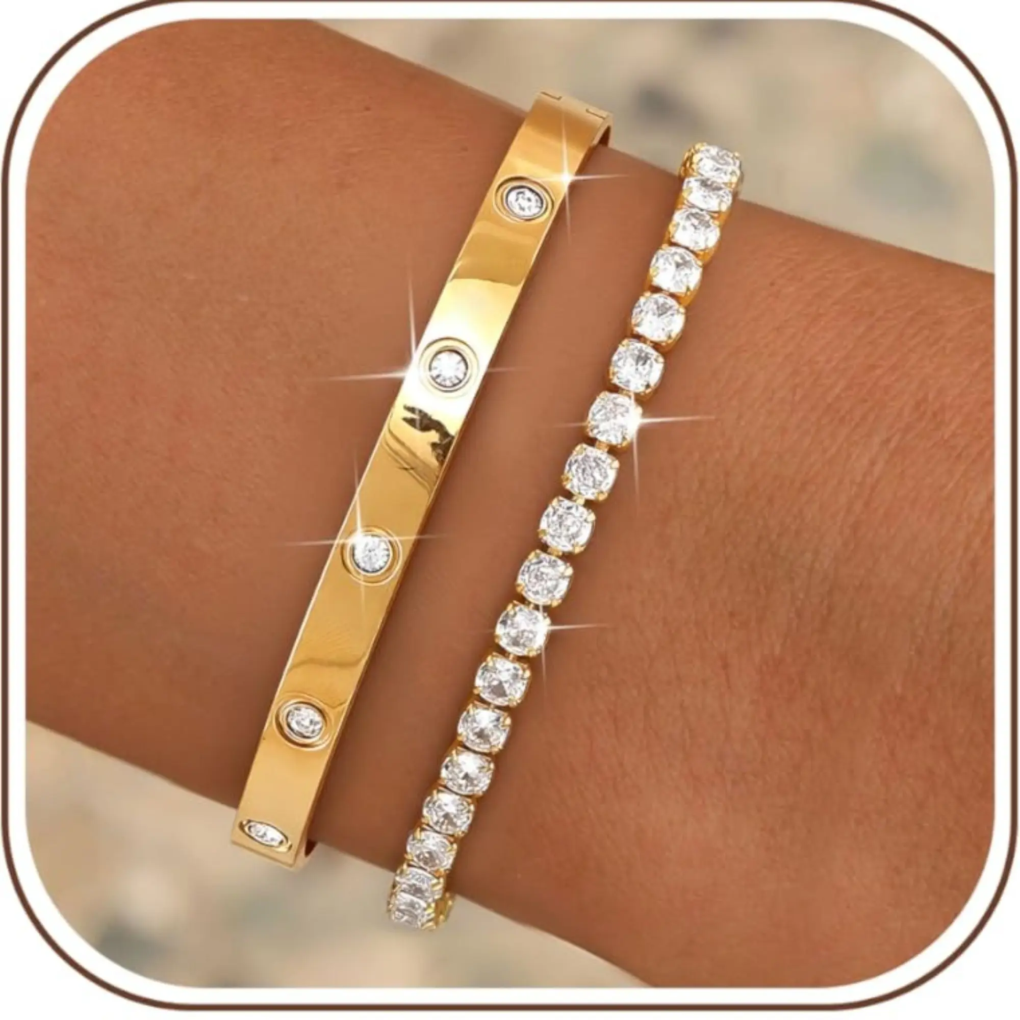 【Summervibes】CASSIECA 14K Gold Bracelet Set for Women Stainless Steel Dainty Stacking Bangle Tennis Style Bracelet Stack Sparkling CZ Waterproof Bracelet Gift Accessories Gifts for Girlfriend Bracelets for Couples