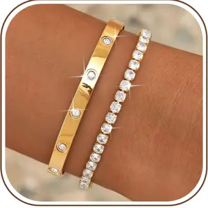 【Summervibes】CASSIECA 14K Gold Bracelet Set for Women Stainless Steel Dainty Stacking Bangle Tennis Style Bracelet Stack Sparkling CZ Waterproof Bracelet Gift Accessories Gifts for Girlfriend Bracelets for Couples