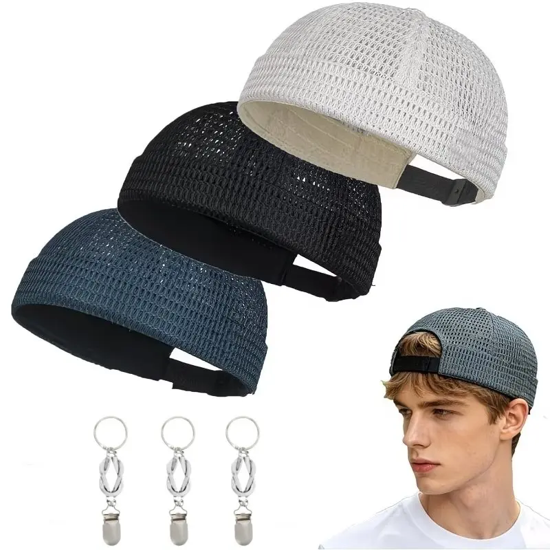3Pcs Breathable Mesh Brimless Hat Set, Hollow Out Hip Hop Sailor Docker Cap for Men, Summer Outdoor Streetwear Headwear, Comes With 3 Matching Hat Clips, Lightweight Cool Casual Daily Fashion Accessories