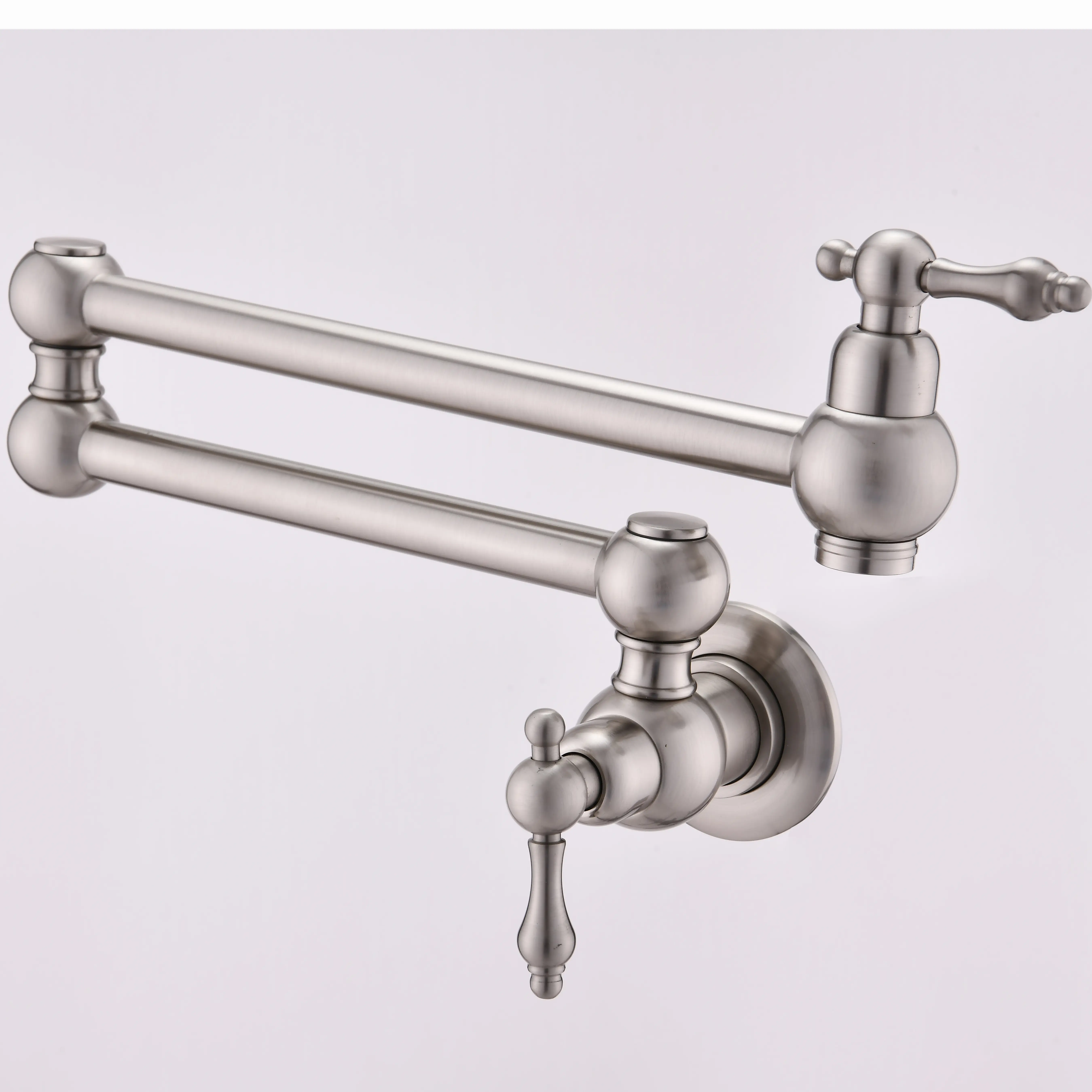 Brass Wall Mount Pot Filler Faucet for Kitchens, Folding Swivel Arm Dual Handles Tap, 360-Degree Swivel, Aerated Flow, Corrosion & Fingerprint-Resistant Finish for Stove Top Cooking, Pull Out Kitchen Taps