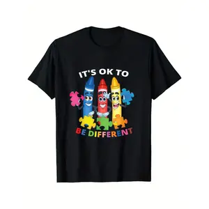 Men's Autism Awareness Graphic Short Sleeve Cotton Top - "It's Okay to Be Different" Slogan, Colorful Puzzle Piece Design, Black Casual Crewneck Streetwear Tee for Unisex, 100% Cotton, S-XXXL Comfortable Apparel