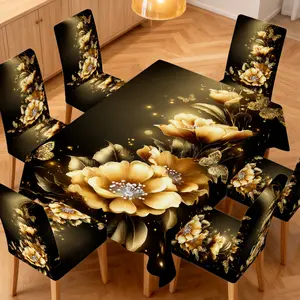 4/5/6/7pcs Golden Blooms and Butterflies Chair Cover And Tablecloth Set, Easy Care & Clean, Fits Home Decor, Living Room, Outdoor Picnics, Restaurant, Party Must-Have, Kitchen, Nice Gift