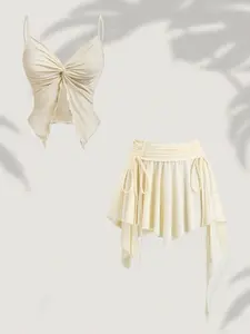 Summer Plain Adjustable Strap V-Neck Ruched Knot Wooden Trim Split Hem Slim Fit Tank Top Irregular Hem Trendy Half Skirt Two-Piece Set