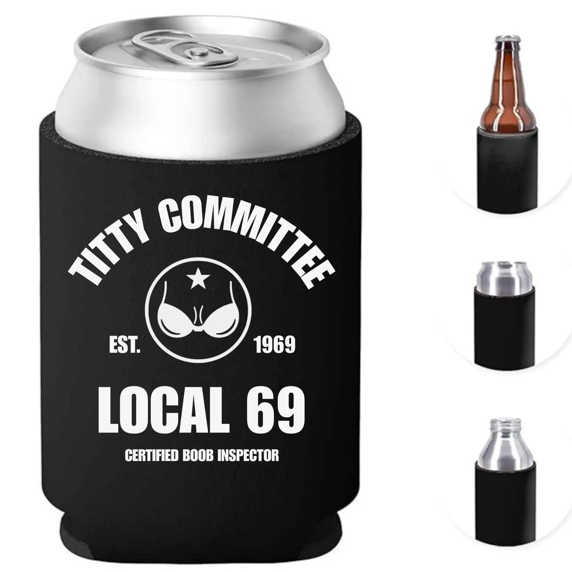 Portable Lightweight Insulated Pouch Drinkware Accessories Cold Beverage Holder - Bold Cheeky Tittie Committee Local 69 Can Cooler Koozie, Gag Gift, Easy to Carry, Fits Most Standard Cans, For Beach Days, Barbecues, Cup Sleeve Drinkware Accessories