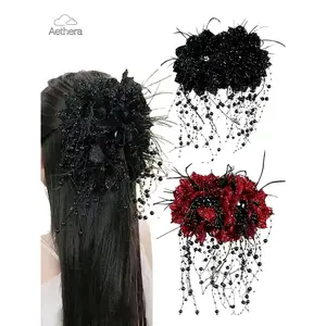 Elegant Large Floral Bow Hair Claw Clips with Beads & Tassels, Perfect for Weddings Parties & Daily Wear, Stylish Hair Accessories for Women & Girls, Barrettes Hair Clips, Prom Mom Hair Clip