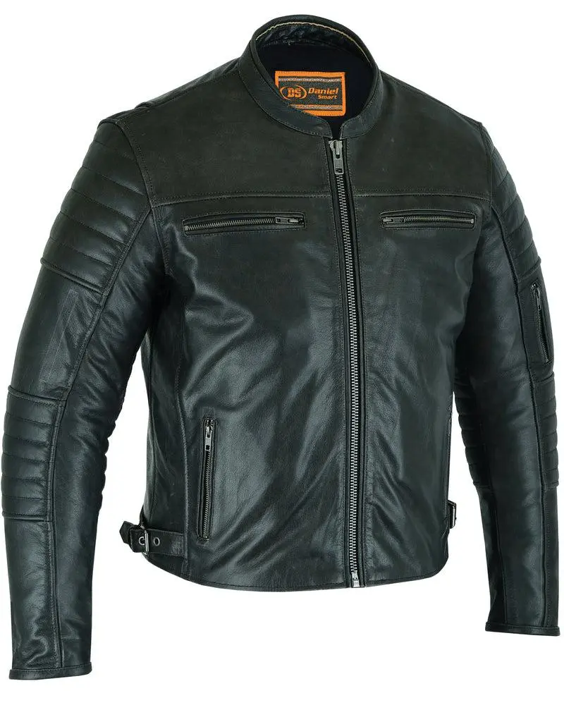 DANIEL SMART Men's Classic Cowhide Motorcycle Jacket - Rugged Charm Coat with Conceal Carry Pocket, Heavy-Duty Zippers for Ultimate Durability, Longsleeves, Plain, Conceal Carry Inside Pockets, Mesh, Two Zippered Slash Pockets