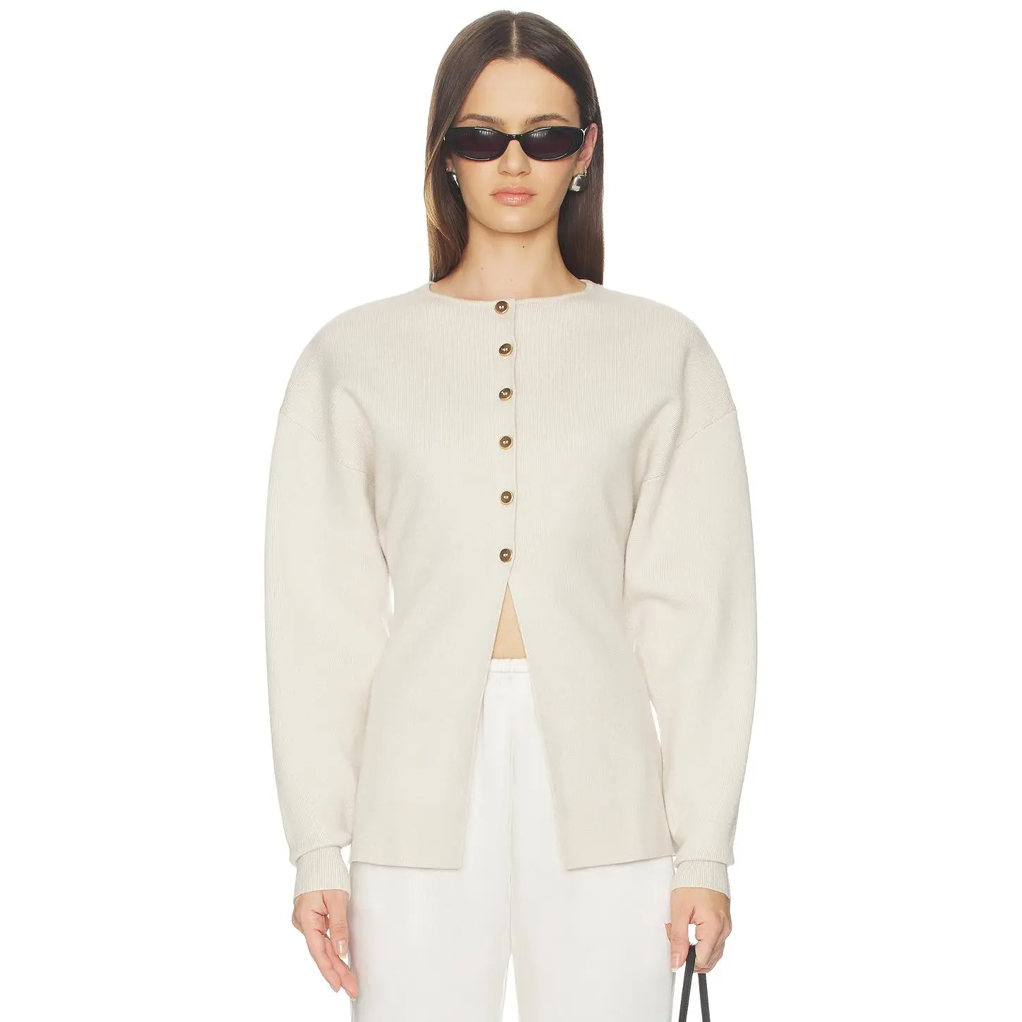Good American Exaggerated Sleeve Cardigan in Light Taupe