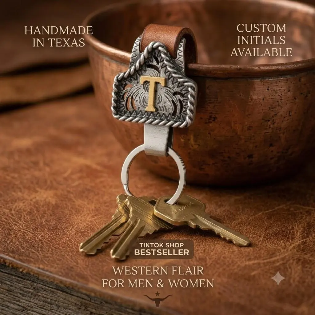 Handmade Cow Tag Belt Key Holder with Copper Initial – Custom Western Keychain for Men & Women, Texas-Inspired Cowboy Keychain, Fashion Accessory for Bags, Keys & Gifts