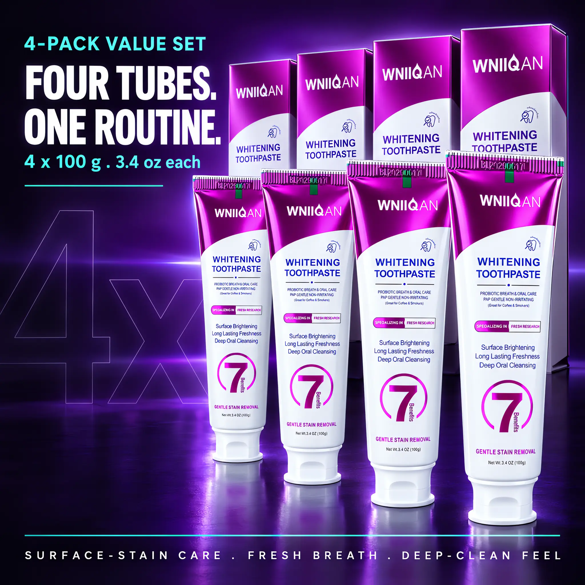 WNIIOAN 4-Pack Value Set Whitening Toothpaste - 4x100g Daily Oral Smile Care Paste Toothpastes, Fluoride-Free Purple Gentle Formula for Surface Stain Removal & Breath Care