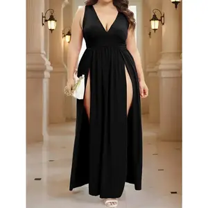 Elegant Plus Size Black V-Neck Sleeveless Maxi Dress with High Thigh Slit - Flowing Swing Design, Polyester & Elastane Blend, Machine Washable for All Seasons, Plus Size Dress