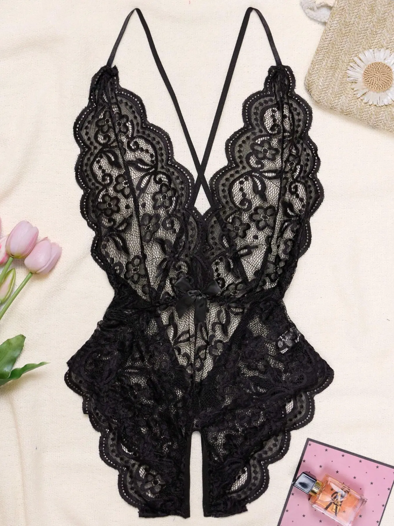 Women's Lace One-Piece Sexy Fitted Underwear, Deep V Semi-Transparent  Halter Floral Lace Bodysuit for Romantic Nights, Backless Sleepwear for  Valentine's Day, Strappy Lingerie, Lingerie Lace Nightwear - TikTok Shop