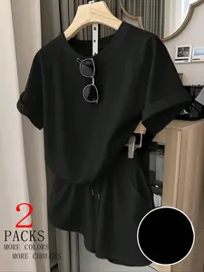 Women's 2-Piece Set, Dark Solid Color Knit T-Shirt & Shorts, Loose-Fit Casual Womenswear Tops for All Seasons, Perfect for Exercise & Outdoor Activities