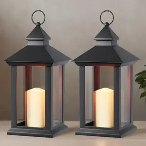2 Pack Black Decorative Flameless Candle Lanterns with Timer, Vintage 14" Waterproof Hanging Indoor Outdoor Lanterns, Battery Operated for Porch Patio Wedding Decor