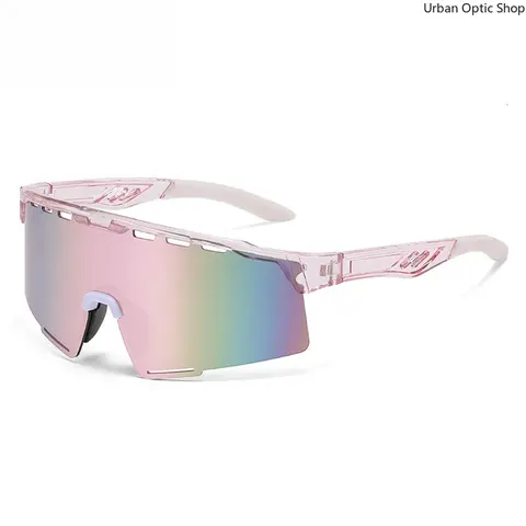 XUH Women's Shield-Style Polarized Sunglasses - Plain Pink Transparent Sport Frame, Rainbow Mirror Lens, UV400 Eye Shield, Anti-Slip Vented UV Defense Active Sunwear for Cycling/Running, Stylish Female Fashion Eyewear Accessory