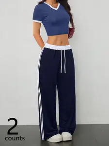 2-Piece Women's Athleisure Set, Navy Blue V-Neck Crop Top and Wide-Leg Track Pants with White Contrast Trim, Sporty Outfit for Gym and Street Style