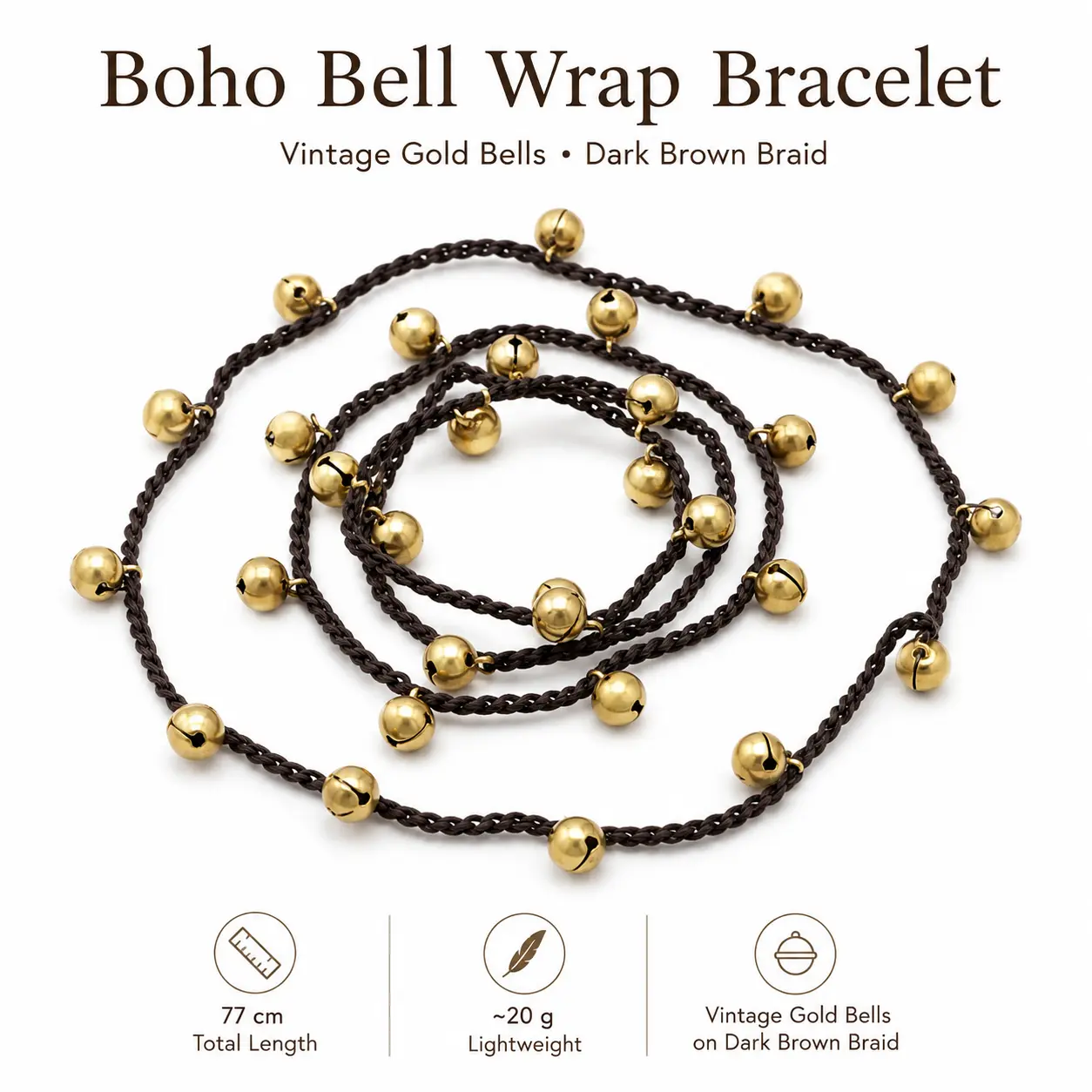 Boho Charm Braided Wrap Bracelet for Women, 77 cm Cord with Brass Bells & Crystals, Lightweight Daily Wear Jewelry, Bracelets, Women/Girls, Bell Wrap Design, Female
