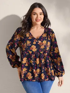 【Summer Turn-Up】【V-neck】BlOOMCHIC Plus Size Dark Blue Floral Print Fitted Boho Blouse with Lace Trim & Lantern Sleeves for Women's Summer [1x-6x] 2026 Summer Pick for Mother's Day