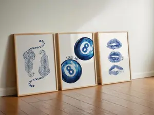 Navy Wall Art Set Retro 8 Ball Poster, Blue Cheetah Trendy Kiss Lips Preppy Aesthetic Dorm Room Decor Print Unframed