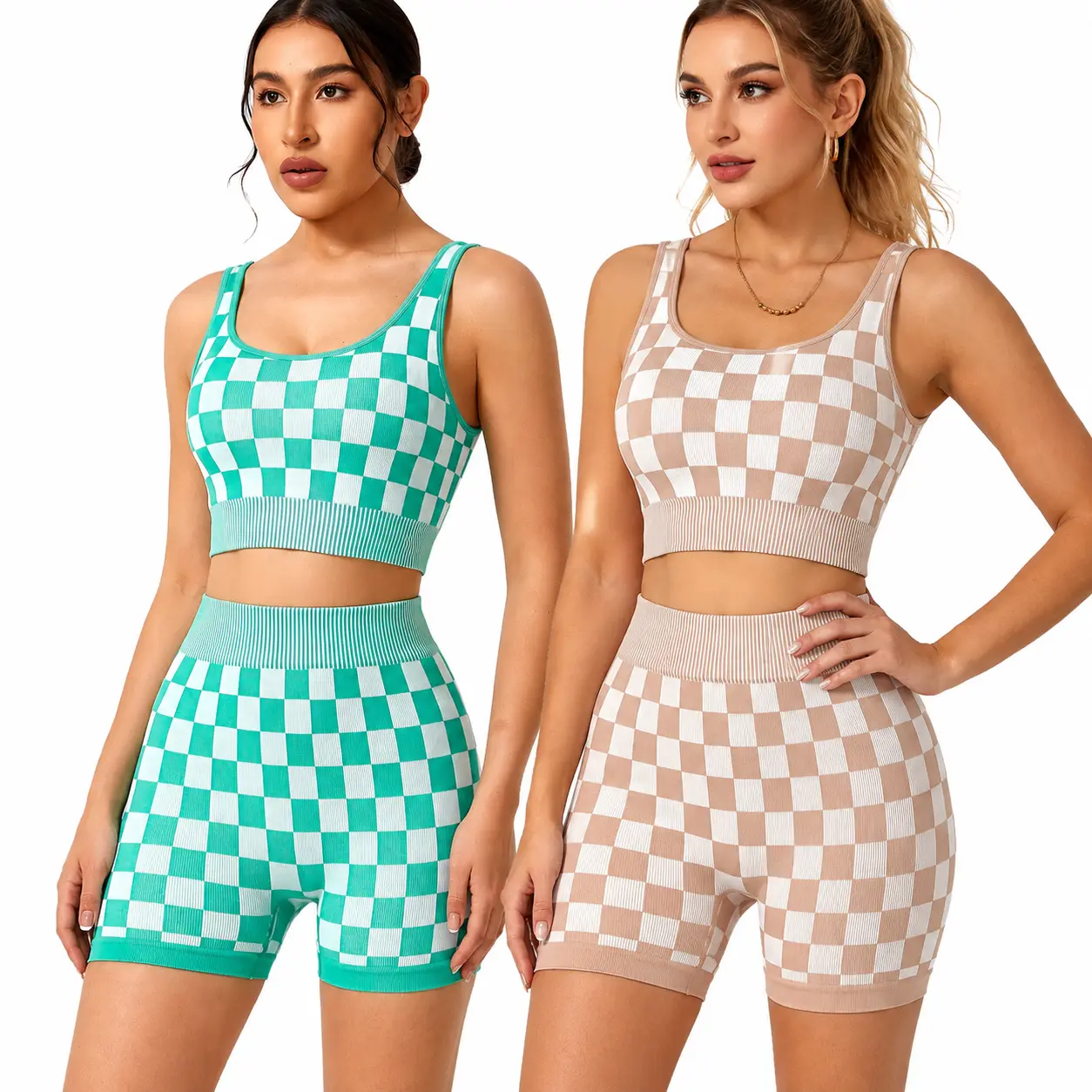 2 Piece Seamless Workout Sets for Women, Checkerboard Yoga Outfit, U Neck Crop Sports Tank Top High Waist Squat Proof Biker Shorts, Stretch Checkered Activewear Matching Set for Gym Pilates