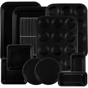 11-Piece Nonstick Baking Pans Set - Professional Grade Carbon Steel Bakeware with Premium Coating- Dishwasher Safe, Stackable, Oven Safe to 450 °   F (Black)