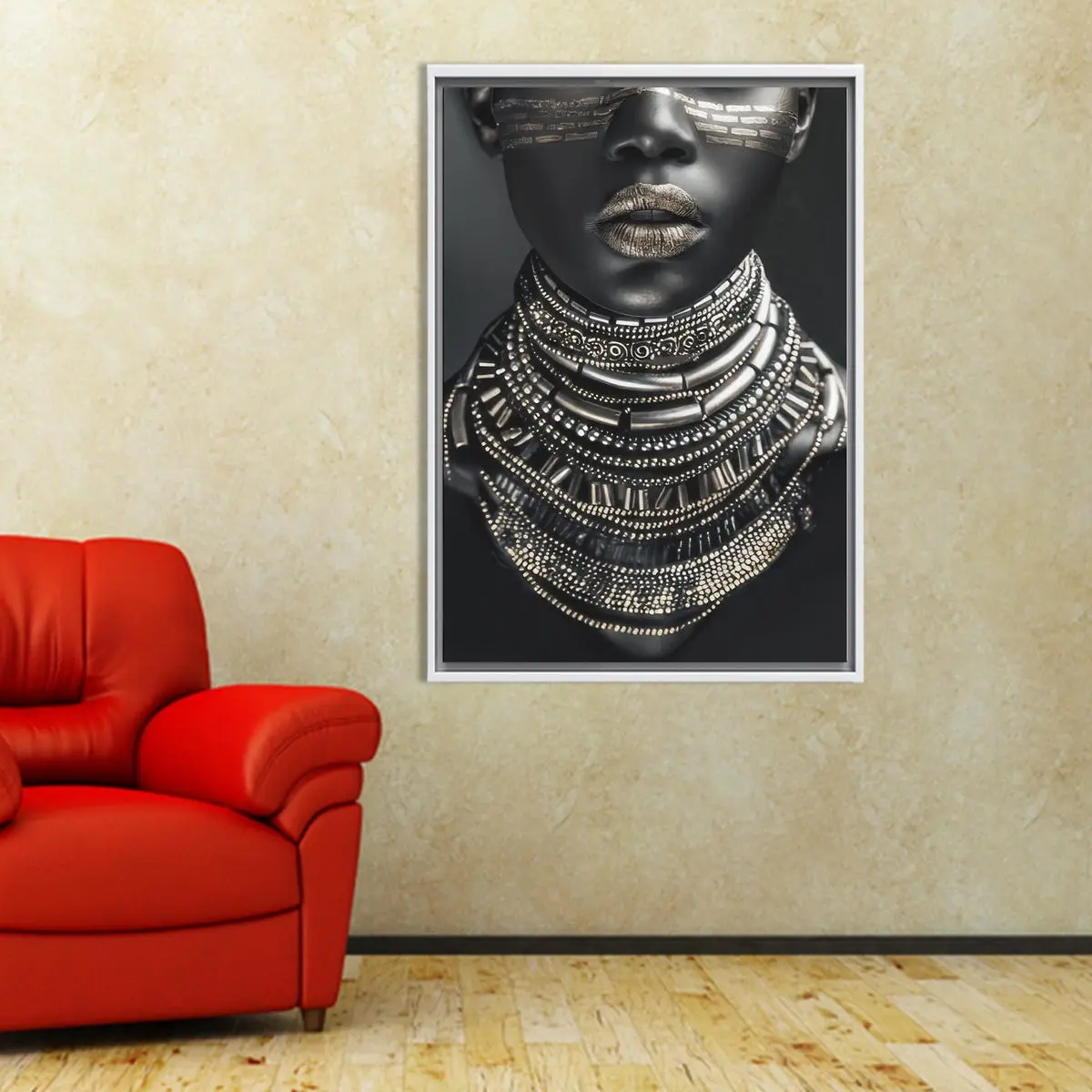 Afro Woman Wall Art with Gold Tribal Jewelry, Luxury Ethnic Black Portrait Poster, Chic African Decor for Modern Homes, 5 Size, 8x12 to 27x40 inch, Room Decor, Unframed