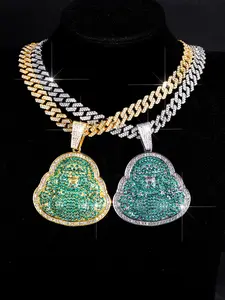 3pcs Smiling Buddha Pendants Necklace Bracelet Set, Dazzling Cuban Chain Jewelry for Men Women, Hip-Hop Daily Wear Accessories