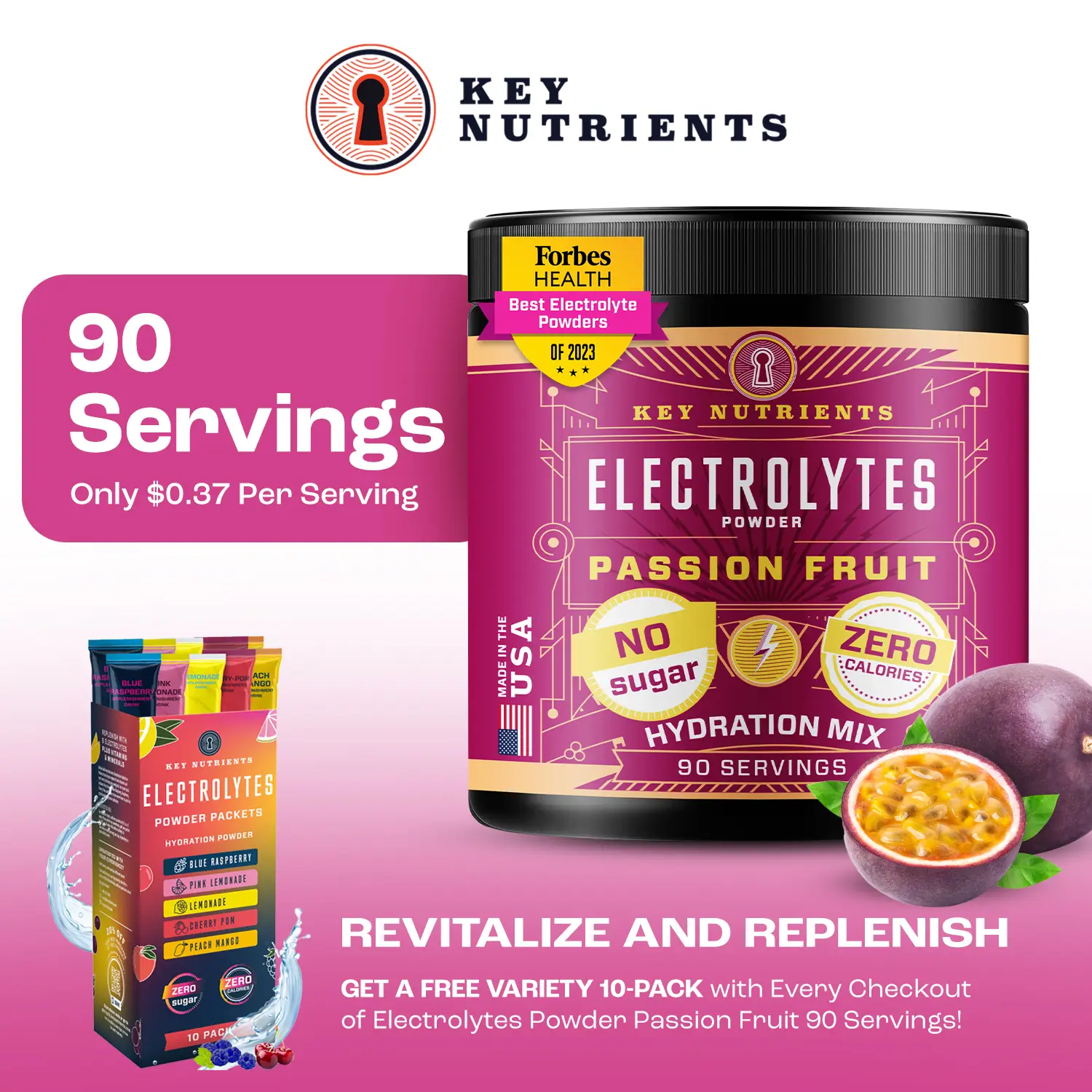 Key Nutrients Electrolytes Powder - Passion Fruit - 90 Servings | No Sugar, Calories & Carbs | Keto-Friendly | Fitness Boost | Dietary Drink