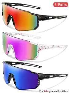 3 Piece Set Kids Fashionable Large Frame Sports Eyewear Cycling Sunglasses For 9-14 Years Old, Windproof Polka Dot Frames, Uv400 Coated Lenses, Unisex Outdoor Activities