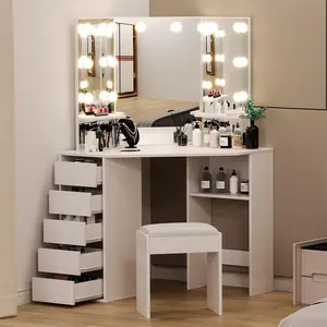 Corner Vanity Desk and Bench – Makeup Vanity Table with 3‑Folding Lighted Mirrors – Charging Station – 5 Drawers for Bedroom