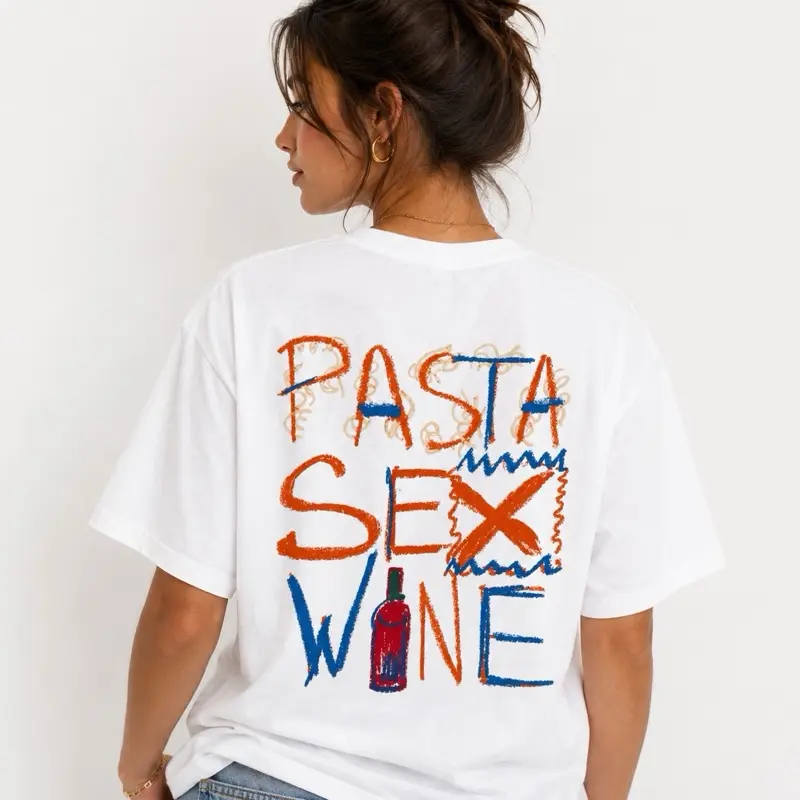 Classic Pasta & Wine Graphic T-Shirt, Soft 100% Cotton Unisex Shirt with Round Neck for Casual Streetwear, Soft Fabric, Graphic Print, Women's Clothes, Short Sleeves, Food Theme, Check Size Chart