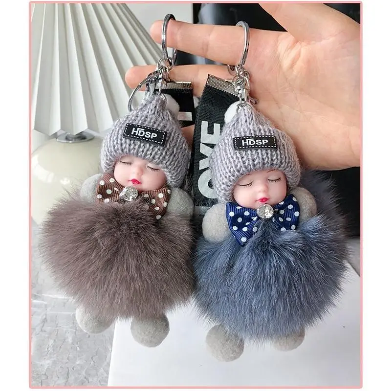 2-pack Cute Fluffy Plush Sleepy Doll Keychain For Women Bag Car Key Chain Kawaii Key Ring On Bag Car Trinket Pendant Gift