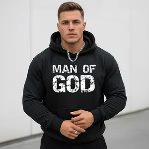 Men's Man of God faith saying Graphic Hoodie - Cotton Blend Black Long Sleeve Pullover Regular Fit | Soft & Breathable Fabric, Durable Print, Everyday Comfort, Machine Washable, bold Christian quote casual wear