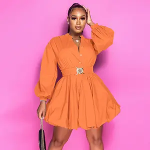 Saledress Dress Long Sleeve Pleated Bubble Short Dress Tunic Tie Waist Button Down A-Line Swing Mini Dresses with Belt