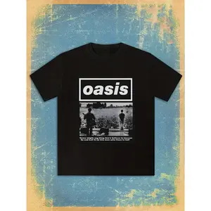 Men's Rock Band Graphic T-Shirt - Oasis "The Shock of The Light" Print, Black Casual Crew Neck Short Sleeve Tee, Summer Casual Attire, Cotton Fashion