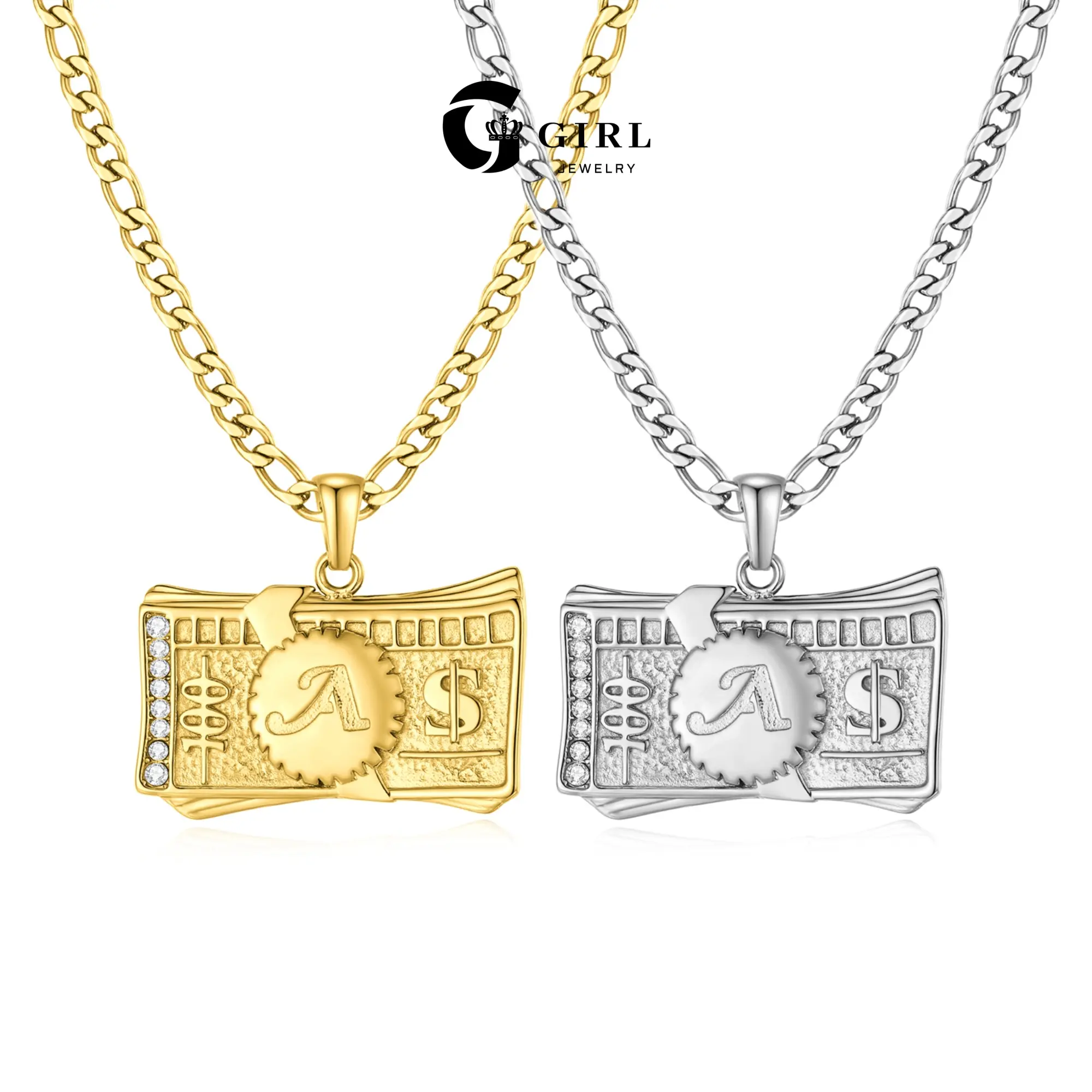 GGIRL Fashion 18 Karat Gold-Plated Artificial Zircon 100 Dollar Design Initial Necklace, Chain Jewelry for Women, Men's Accessories, Elegant Durable Personalized Hip-Hop Accessory for Party/Daily