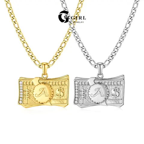 GGIRL Fashion 18 Karat Gold-Plated Artificial Zircon 100 Dollar Design Initial Necklace, Chain Jewelry for Women, Men's Accessories, Elegant Durable Personalized Hip-Hop Accessory for Party/Daily