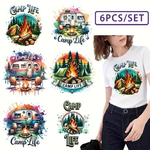 6 Pack Iron on Patches Camping Design Fire RV Tent Colorful Washable Applique for Tshirt Jacket Bag Outdoor Enthusiast Decoration