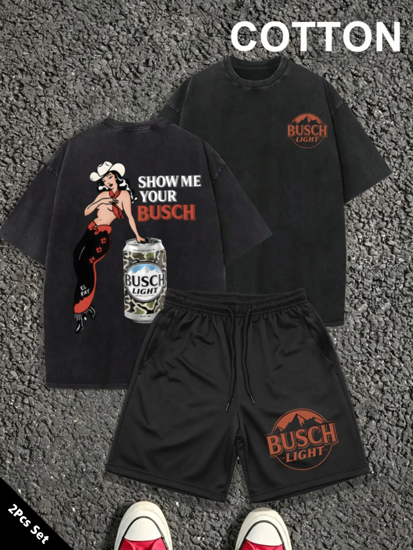 1 set vintage western cowboy print washed T-shirt and shorts, 2-piece outfit for men and women, loose casual tracksuit