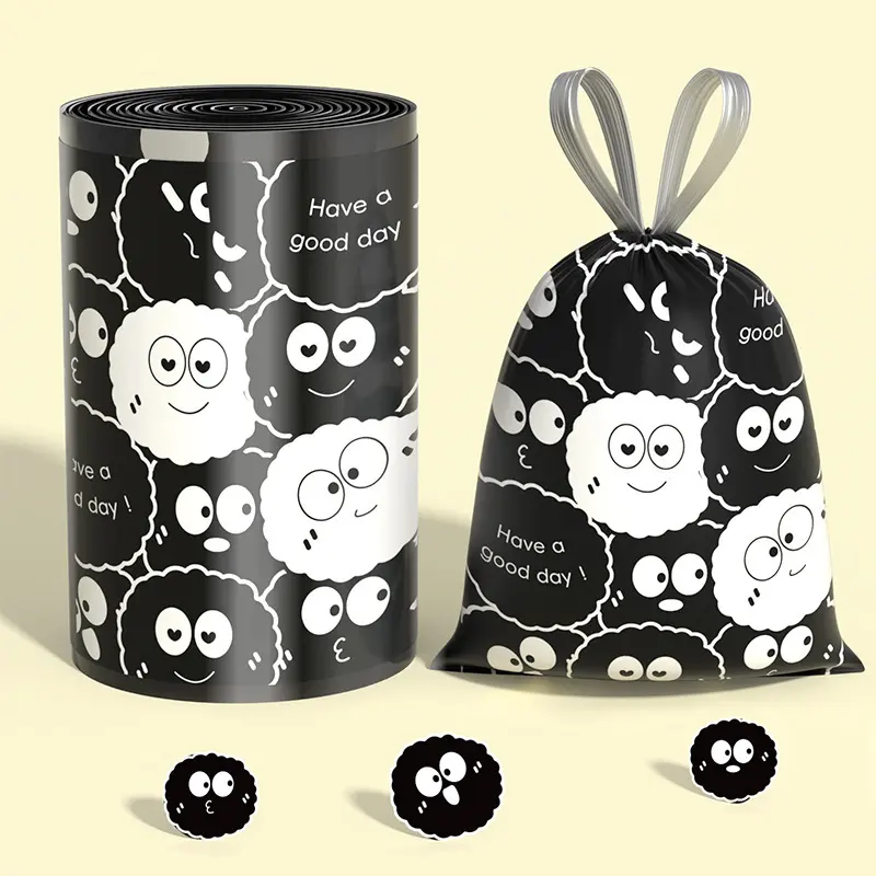 Drawstring Garbage Bag Thickened Household Kitchen Large Black Plastic Bag Handheld Garbage Bag Wholesale Extra Thick 3 Rolls 45bags
