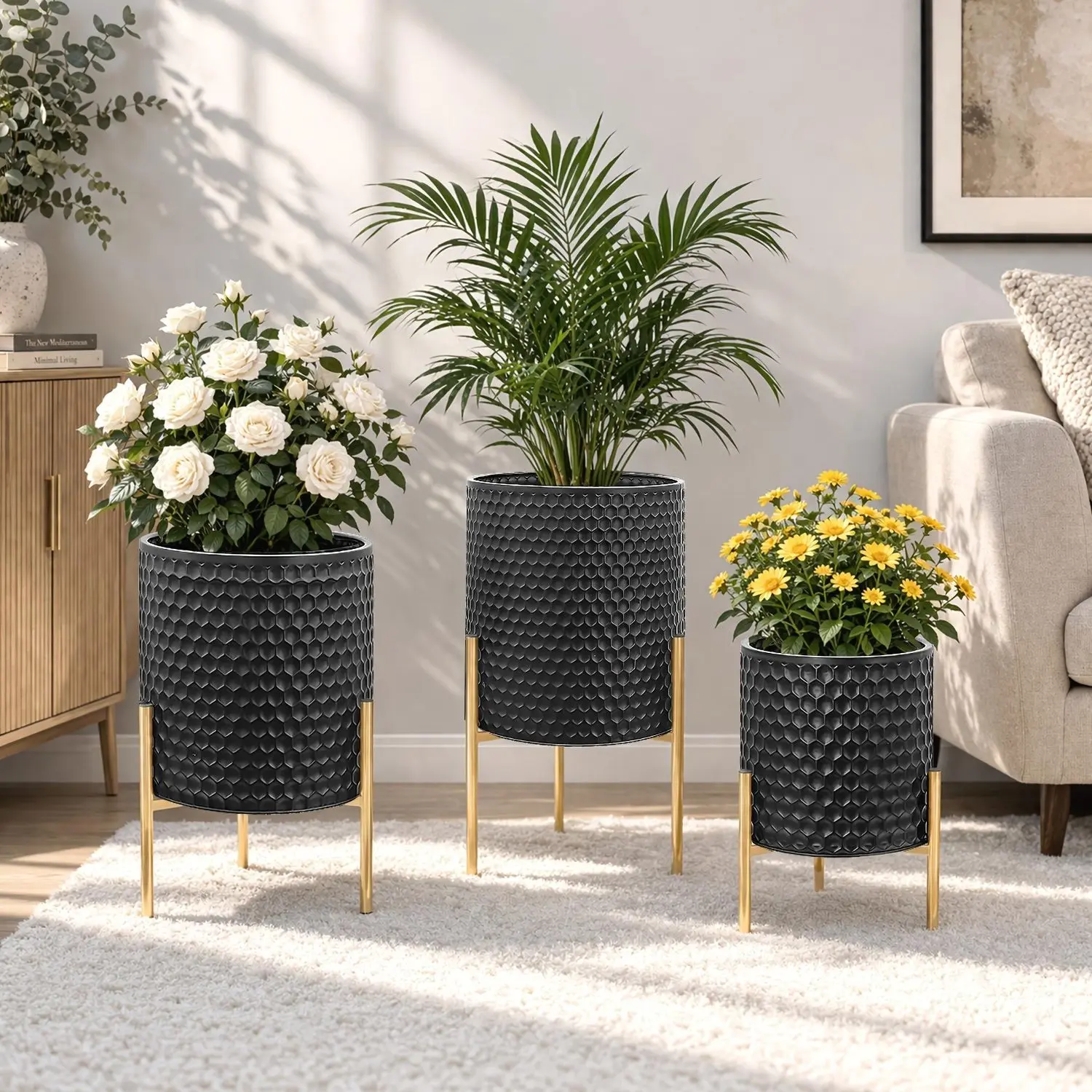 3-Piece Rust-Resistant Metal Planter Stand Set with Flower Pots, Elevated Plant Display for Balcony, Patio, Living Room