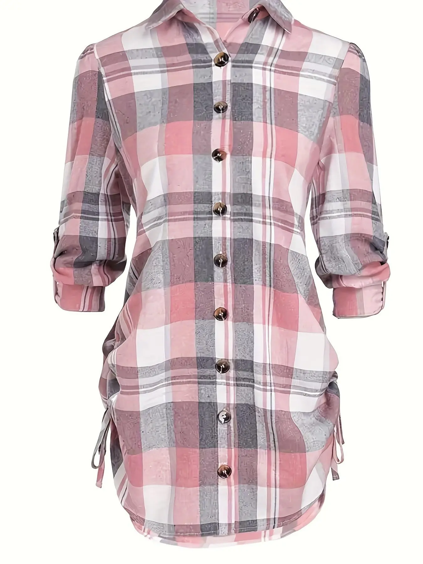 A women's pink plaid lapel rolled cuff drawstring dress, Casual swing dress, Casual dresses, casual, fashionable, and versatile, suitable for spring and summer, ideal for daily casual wearmmuting, and going out.