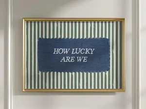 How Lucky Are We Print, Rustic Denim Patch Wall Art, Sage Green Striped Grandmillennial Positive Quote Poster, Home Decor,