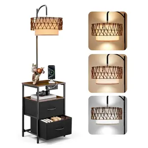【Summervibes】VEVOR Floor Lamp with Table, 2-Tier End Table with 2 Drawers and 3 Color Temperature LED Bulb, Modern Side Nightstand Bedside Desk with USB & Type C & AC Charging Port for Living Room, Bedroom, Dorm