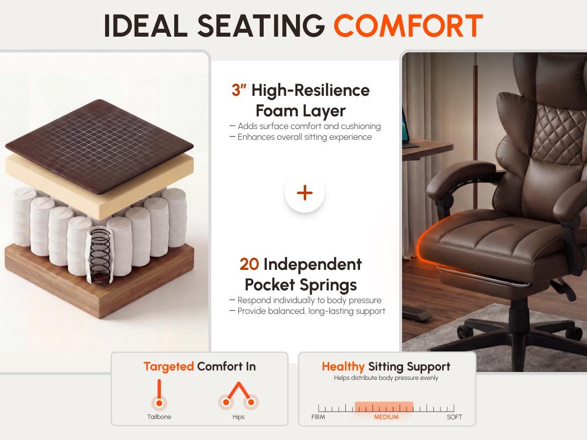 Dowinx Office Chair Big and Tall with Pocket Spring Cushion,High Back Computer Gaming Chairs with Linkage Armrests,Executive Desk Chairs with Footrest,PU Leather Brown,Fabric-Black