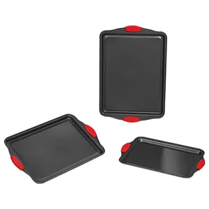 VEVOR Baking Pans Set,  3-Piece, Nonstick Carbon Steel Cookware Sheets & Trays, Stackable Kitchen Oven Bakeware Cooking Sets with Silicone Handles, Easy to Clean, for Baking Cookie Cake Muffin Bread