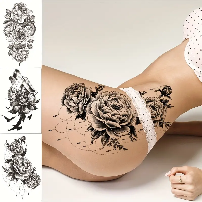 Waterproof Temporary Tattoo Stickers Set, Unique Waist Leg Arm Rose Design, Wolf Snake Women Tattoos, Large Designs, Body Fake Tattoos, Aesthetic Tattoo Merch, Tattoo Art