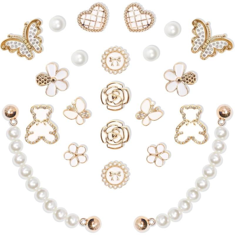22 Pcs Bling Shoe Charms Chain Accessories for Women Pearl Flower Butterfly Clog Shoe Decoration Charms Rhinestone Shoes Charms Bling Cute Decor for Party Birthday Footwear Bedroom