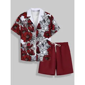 Men's two-piece floral casual set - white and red floral printed short sleeved button up shirt+Burgundy drawstring belt shorts, lightweight breathable fabric, loose fit, suitable for summer vacations, outdoor gatherings, and casual weekendsRAIMENTRY